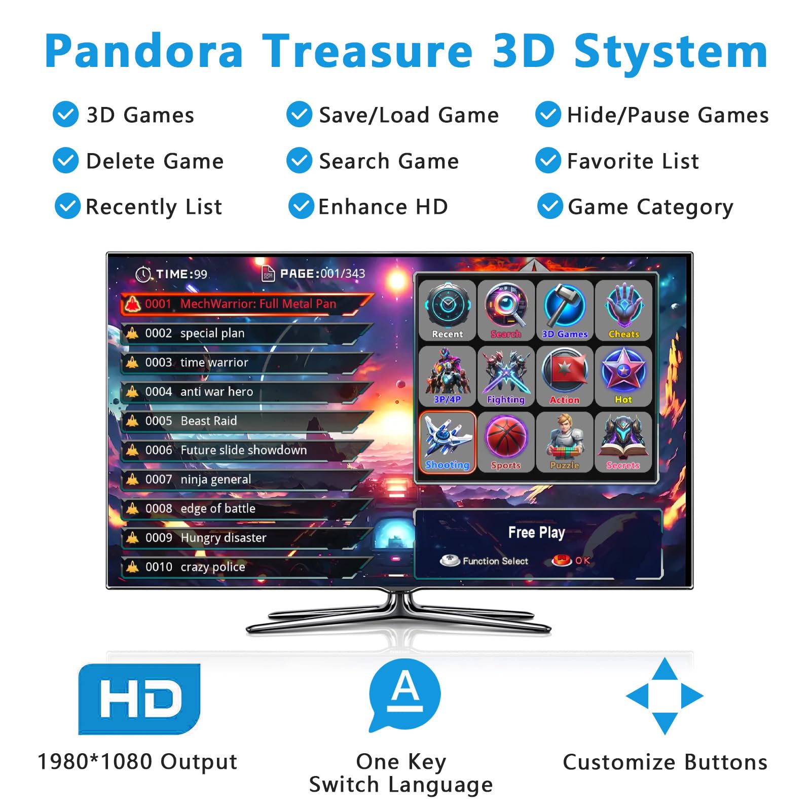 FVBADE[16800 in 1] W88 Pandora Box Arcade Game Console WiFi Function to Add More Games Compatible PC & Projector & TV ,3D Games 4 Players Category Favorite List Save/Search/Hide/Pause