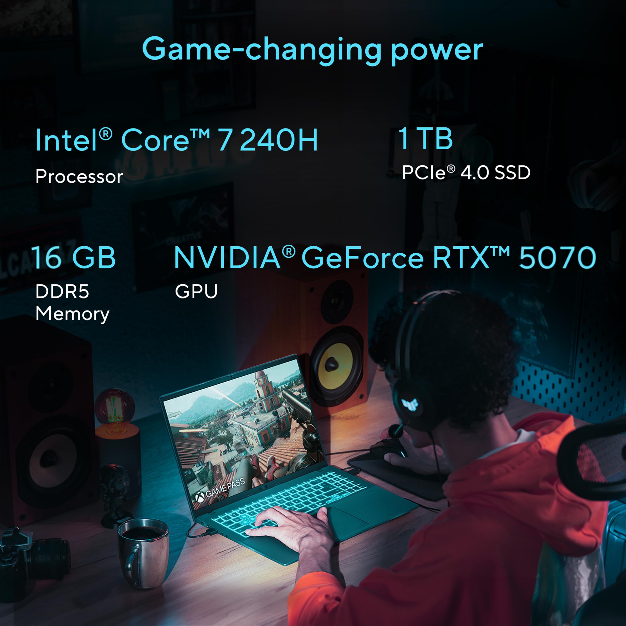 ASUS V16 16" WUXGA 144Hz Gaming Laptop, Intel® Core™ 7 240H, RTX™ 5070, 16GB DDR5 RAM, 1TB SSD, V3607VP-DS74, Matte Black